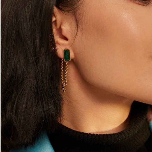 New 18K Gold Plated Green Crystal Chain Earrings - Picture 6 of 6